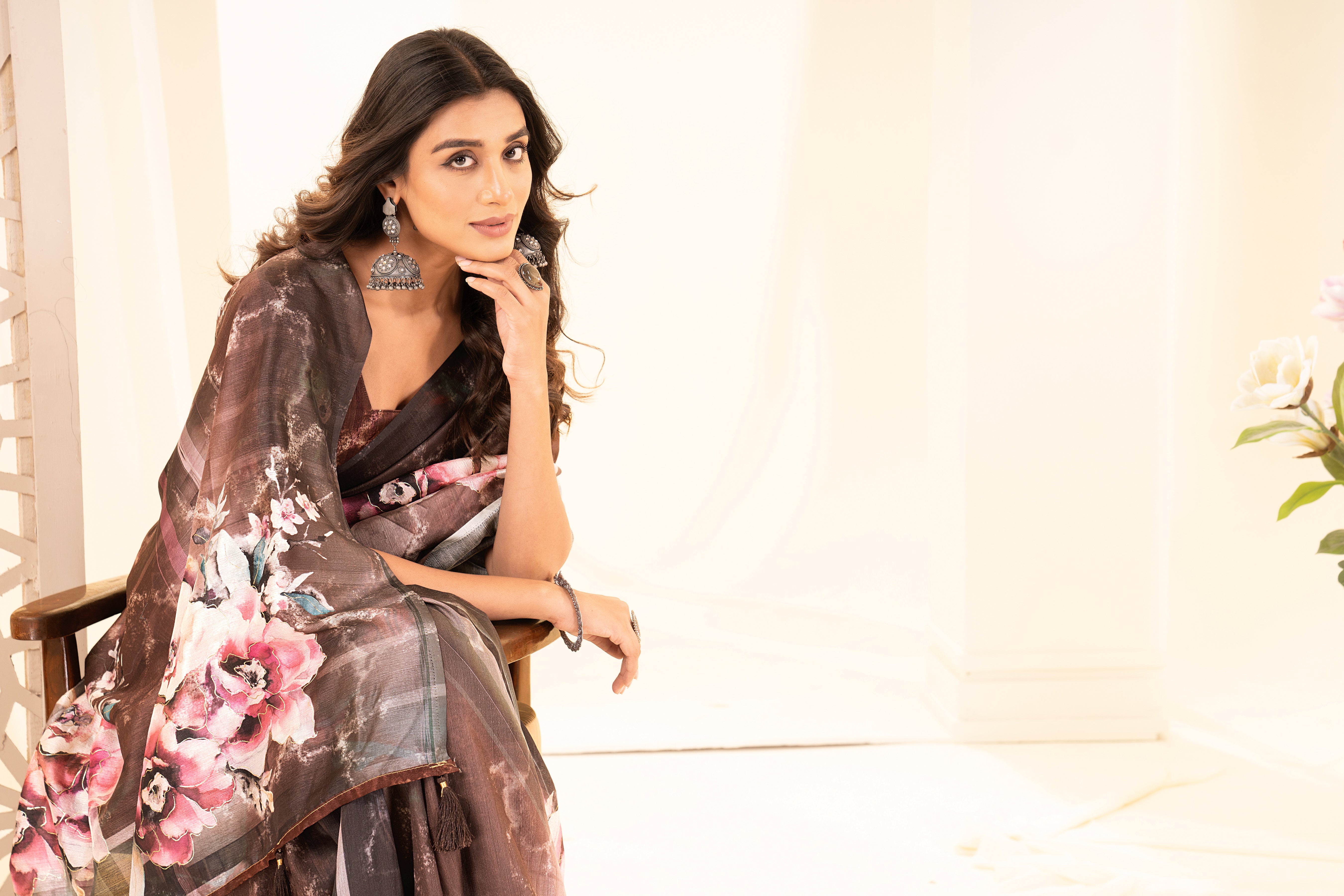 Coffee Tussar Silk Floral Saree